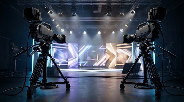 Advanced television studio setup featuring high-tech cameras and a vibrant, geometric digital screen on stage for immersive viewer experiences.