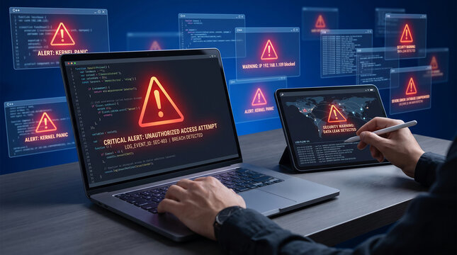 Digital screens display critical security alerts with warning icons, symbolizing cyber threats and data breaches for technology and business concepts
