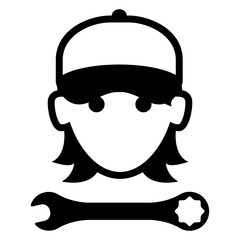 Logo servicio técnico. Icono aislado de manitas con el dibujo sencillo de la cabeza de una mujer con gorra de béisbol y herramienta llave © teracreonte