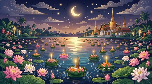 Luxury Loy Krathong Floating Lantern Festival Illustration