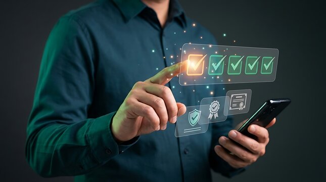 Person using a smartphone to select verified checks and quality certificates from a digital interface, confirming successful task completion.