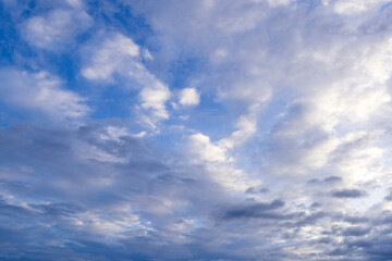 Fototapeta premium Soft blue sky filled with white and grey cloudscape,A wide-angle photograph capturing a calm blue sky filled with soft white and light grey altocumulus cloud formations, creating a natural, serene cel