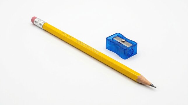 yellow graphite pencil with blue sharpener isolated on white background