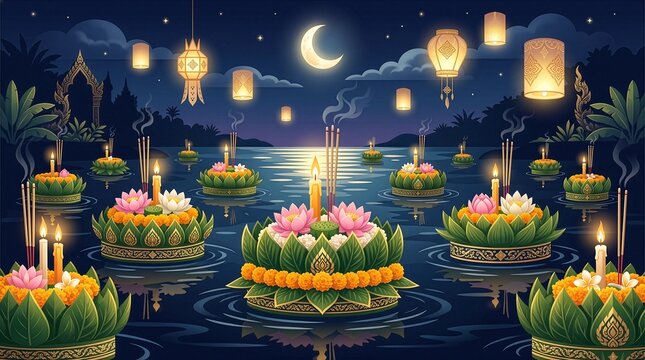 Luxury Loy Krathong Floating Lantern Festival Illustration
