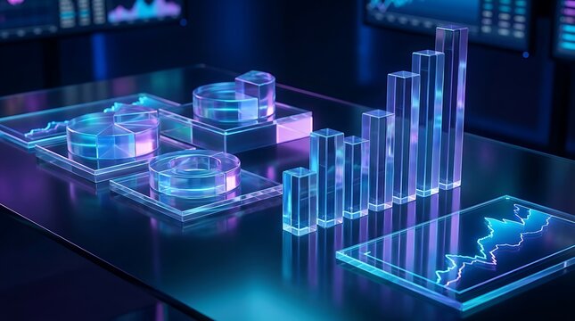 Abstract 3d rendering of glowing neon blue and purple glass geometric shapes like bar charts and pie charts on dark reflective surface for data visualization.