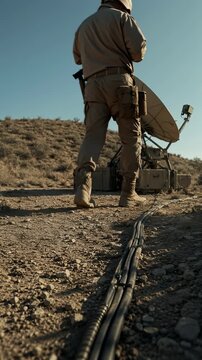 Person in tan outdoor gear walks toward large parabolic dish antenna across dry rocky terrain, following bundled cables as boots raise dust under warm sunlight and clear blue sky