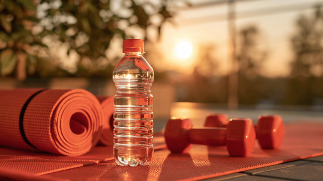 balcony morning workout setup with mat and small weights, golden hour