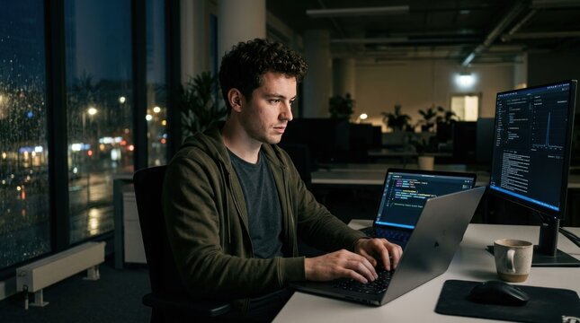software developer writing code on laptop in dark office night