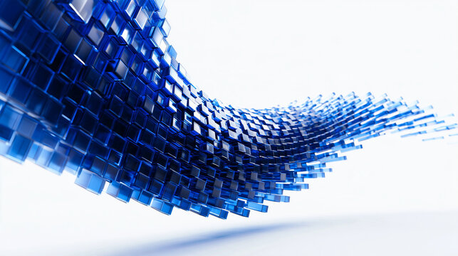a high resolution 3d render depicting a wave of blue rectangular bars twisting across a white background. the composition shows the bars in a sweeping motion, with those on the lef