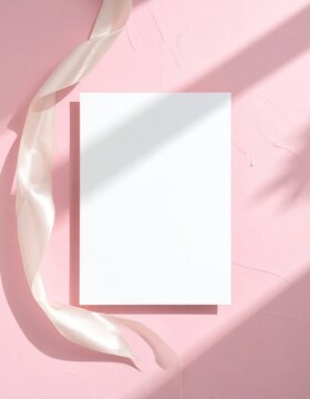 Blank stationery card mockup on pink surface with silk ribbon and palm leaf shadow, elegant wedding invitation or feminine branding display
