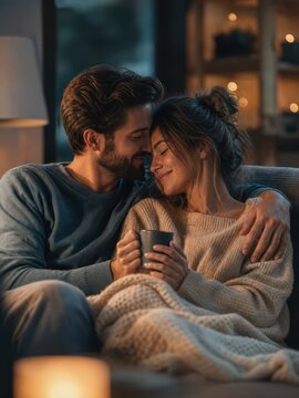 Romantic couple cuddling with blanket and coffee on sofa in cozy evening light