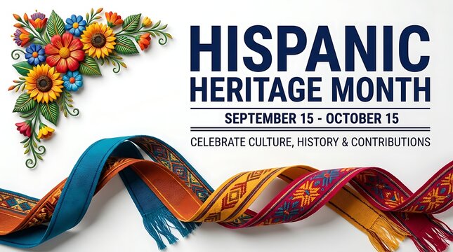 Hispanic Heritage Month graphic with colorful flowers, flowing ribbons, and text celebrating culture history and contributions from September 15 to October 15.