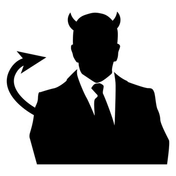 Logo diablo con traje de empresario. Icono de la silueta de un hombre de negocios con cuernos y cola de demonio 