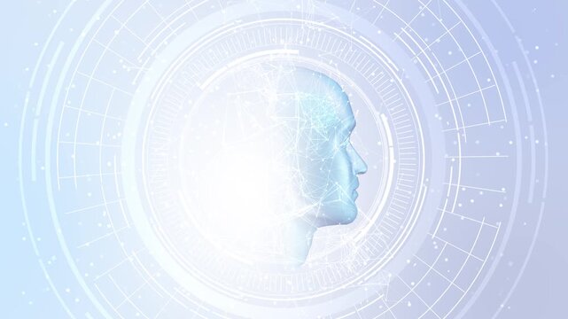 Futuristic wireframe face glowing network points display digital human system. generative AI, machine learning, virtual assistants, biometric scanning, neuroscience, automation identity, research