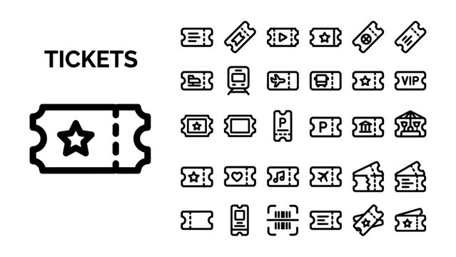 Ticket Icons Collection: A comprehensive set of line art icons representing various types of tickets, including event passes, concert tickets, movie tickets, and VIP access. Useful for graphic design.