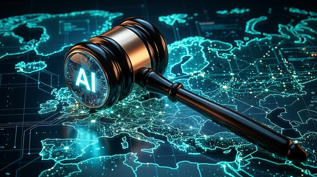 Artificial intelligence gavel symbolizes legal decision making and global technology law with digital connections across the world map.
