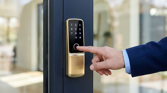 Man in suit uses modern gold and black smart lock with fingerprint scanner and keypad for home security access.