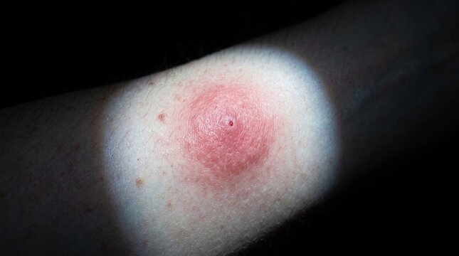 Spotlight View of Inflamed Swollen Mosquito Insect Bite Papule on Arm Skin