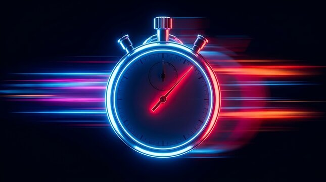 Futuristic stopwatch glowing with neon lights symbolizing speed and time measurement in a dynamic dark background.