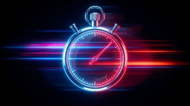 Futuristic stopwatch glowing with neon lights symbolizing speed and time measurement in a dynamic dark background.