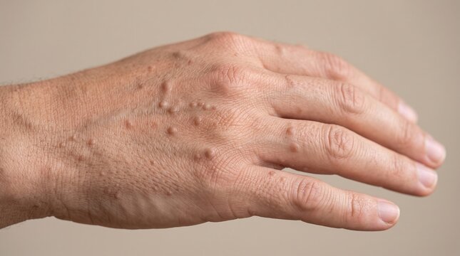 Multiple flat warts verruca plana on the back of adult caucasian male hand