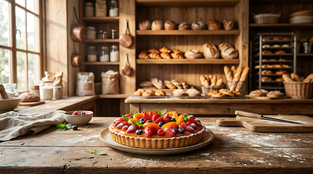 A rustic bakery kitchen with a vibrant fruit tart on a flour-dusted wooden table, surrounded by shelves of freshly baked bread and pastries.