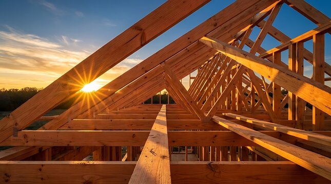 Wooden roof truss framework construction at sunset showing geometric beams against bright orange sky.