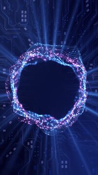Particles luminous circular wave digital circuit board, leaving a for titles. AI technology, quantum computing, data networks, product reveals, logo intros, energy effects, and digital presentations.