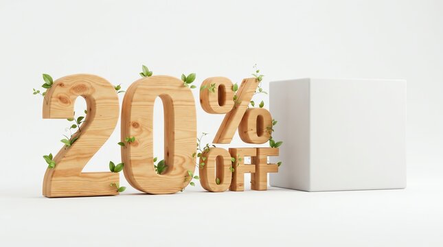 Natural wooden 20 percent off sign with green leaves, eco-friendly 20% discount promotion, organic wood sale banner with white podium