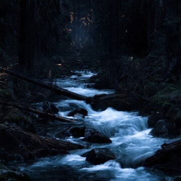 Serene flowing forest stream illuminated by soft moonlight with cascading water over rocks and fallen tree trunks in a tranquil nighttime wilderness setting