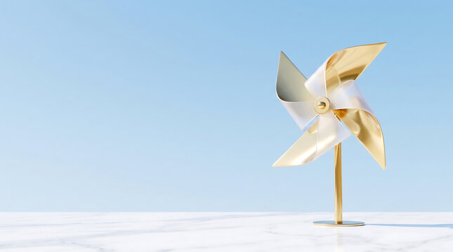 Golden pinwheel on marble surface, metallic toy windmill against blue sky, elegant wind spinner for luxury branding