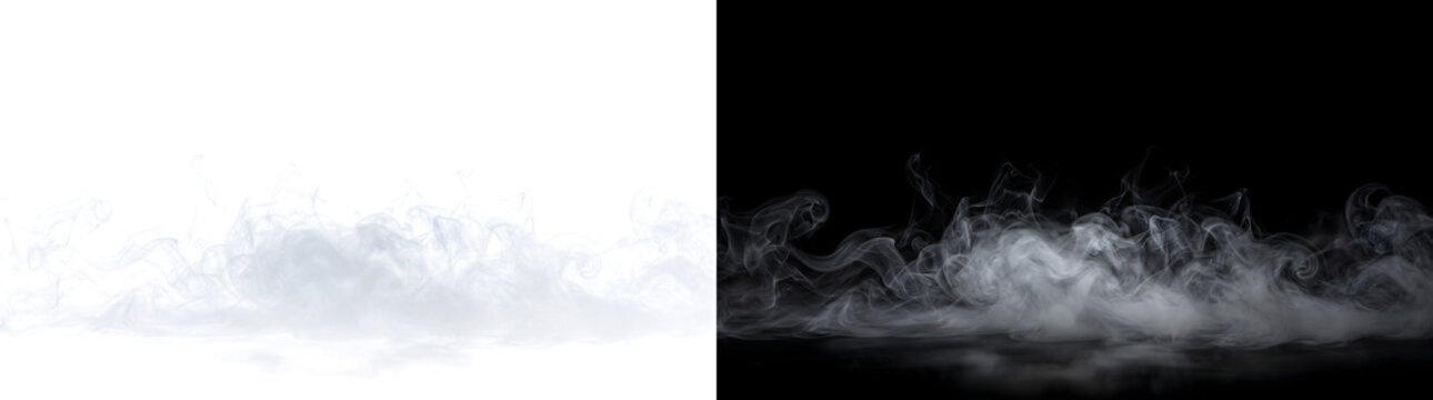 White smoke fog drifts along the ground in swirling wispy clouds on black, suited for atmospheric effects in PNG, Transparent and Black Background Versions