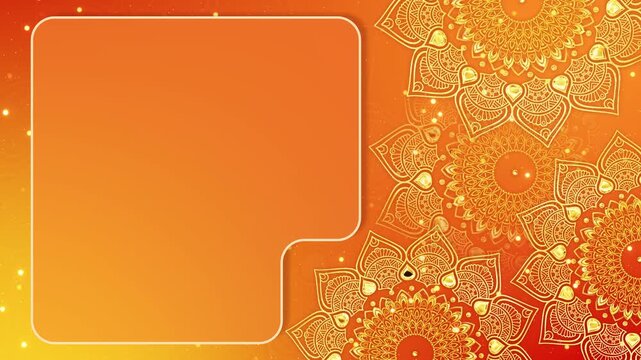 Golden rangoli border saffron backdrop spacious text panel. Hindu festival announcements, wedding save the dates, luxury invitations, devotional programs, social media greetings, ceremonial motion