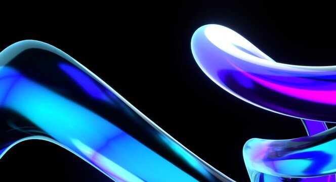 Abstract shiny blue liquid glass helix structure flowing on a dark background