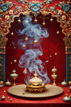 Golden incense burner swirling smoke ornate red gold temple illustration images