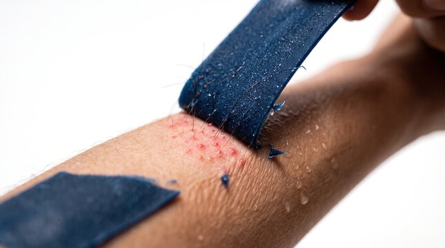 Close up View of Blue Hair Removal Wax Strip Pulling Off Arm Hair