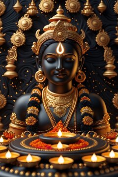 Hindu deity statue golden ornaments glowing diya lamps Diwali celebration illustration images