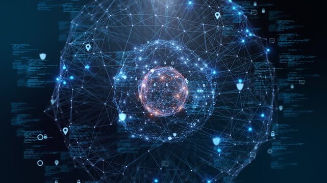Data globe links people, devices, online services blue network programming code. digital transformation, edge computing, smart infrastructure, enterprise software, connectivity, analytics, automation.
