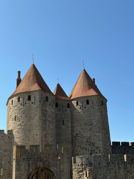 Old medieval castle landmark in Carcassone, France on a blue sunny sky