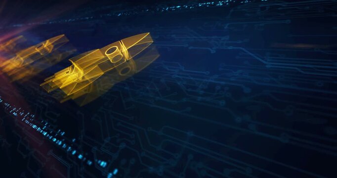 Startup business rocket launch hologram symbol appears on a electronic circuit background. Network, cyber technology and computer abstract concept.