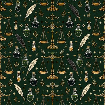 Seamless Halloween alchemy pattern with vintage scales potion bottles quill pens and magical stars on dark green background