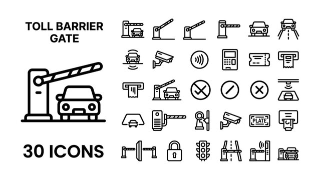 Toll Gate Icon Set: A comprehensive collection of 30 line art icons representing various elements of toll collection and traffic management, including gates, cars, cameras, and payment systems.
