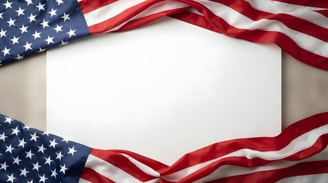 American flag draped around a blank white rectangular space for patriotic text or holiday design background