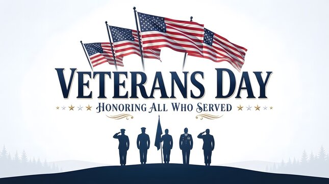 Veterans day design featuring american flags and silhouettes of soldiers saluting to honor those who served