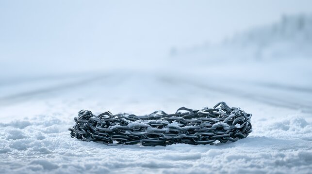 Vehicle snow chains prepared for safer driving on icy and snowy roads.
