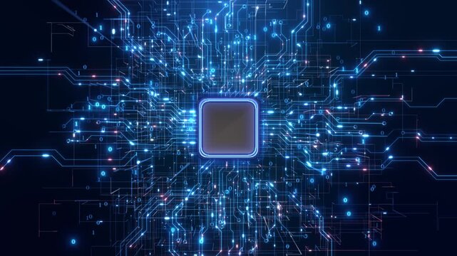 Glowing microchip complex electronic network radiate digital circuits. machine learning, cloud infrastructure, processor engineering, quantum research, robotics, software development, tech branding.