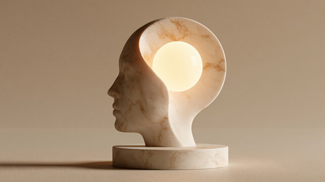 Marble head lamp emits warm light in minimalist interior setting