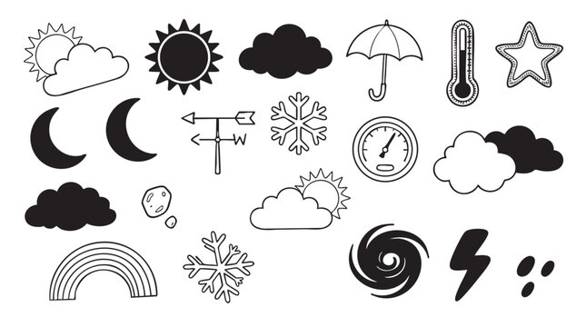 Weather icon set in simple black and white line art style for meteorological app and design.