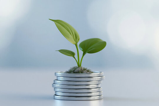 Green plant growing from silver coin stack with hopeful symbolism