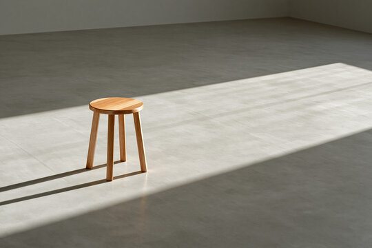 Wooden stool in minimalist room with sunlight and long shadow